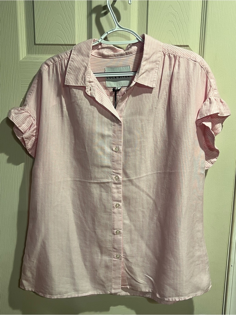 Light Pink Striped Button-Up Short Sleeve Blouse by Lola & Ivey